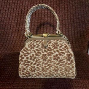 Jana Brown Velvet Vintage Purse Light Brown Floral Pattern Brass